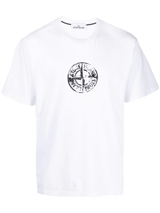 Stone Island Circle Stamp Three Logo Print T-Shirt in White