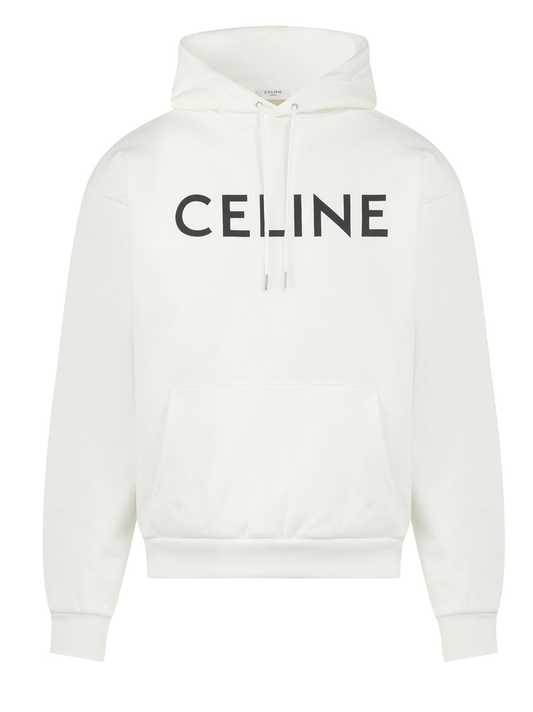 Celine Logo-Print Cotton-Jersey Hoodie in White
